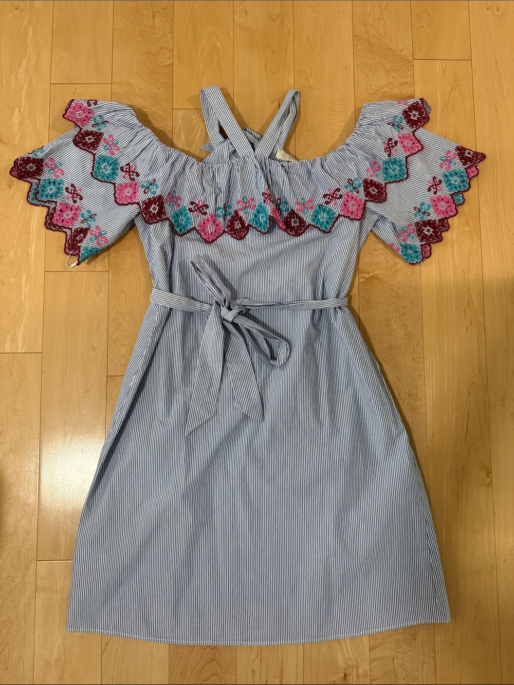 Women’s Blue Stripe Off-Shoulder Dress with Floral Embroidery